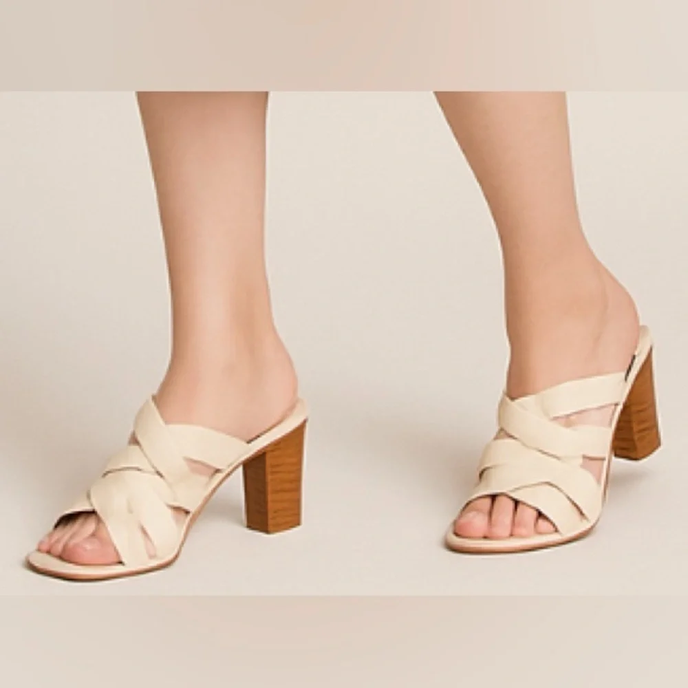 Andy Braided Slip On Mule Heel Shoes Strap cream ivory women heels